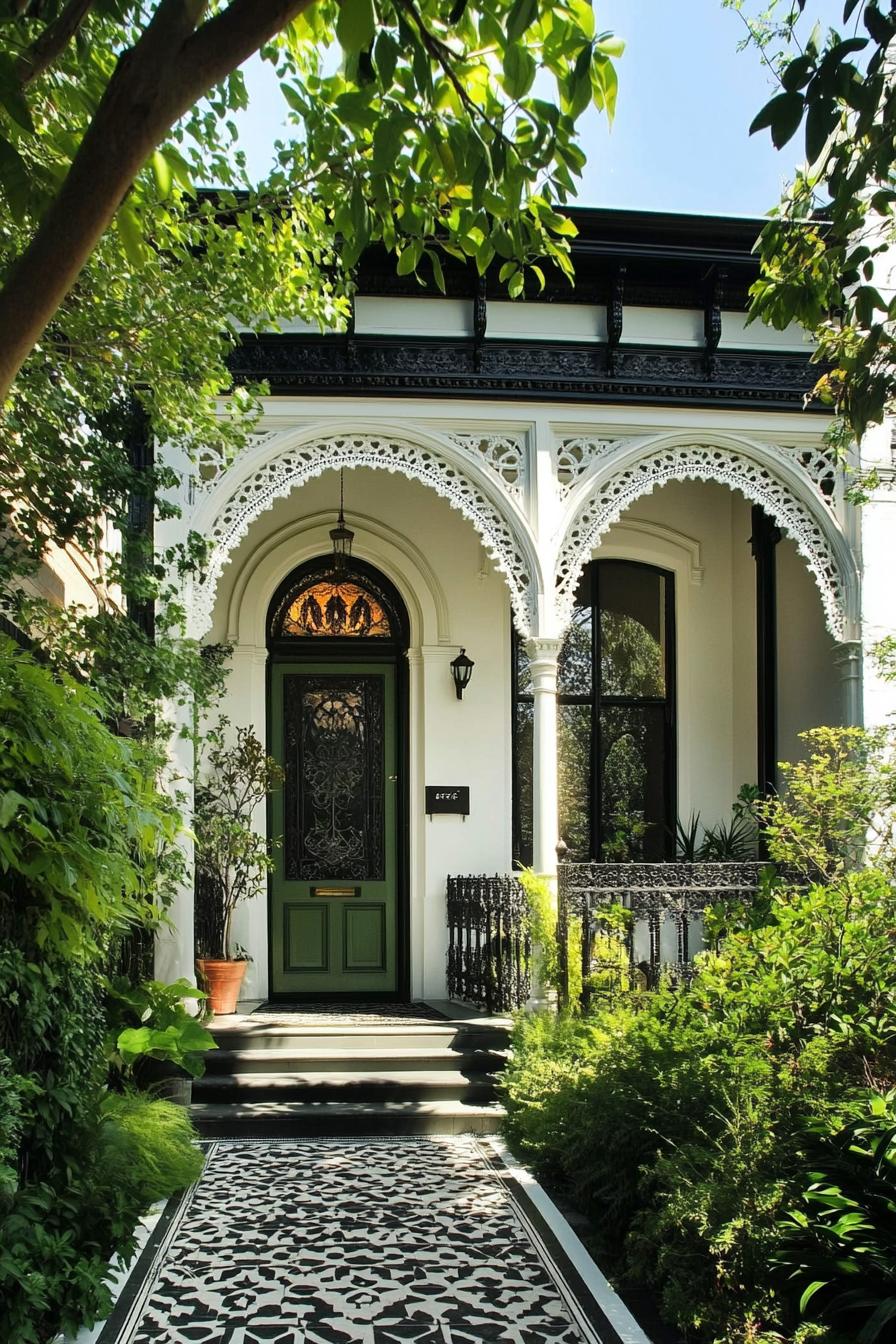 Victorian-style house with ornate details surrounded by lush greenery