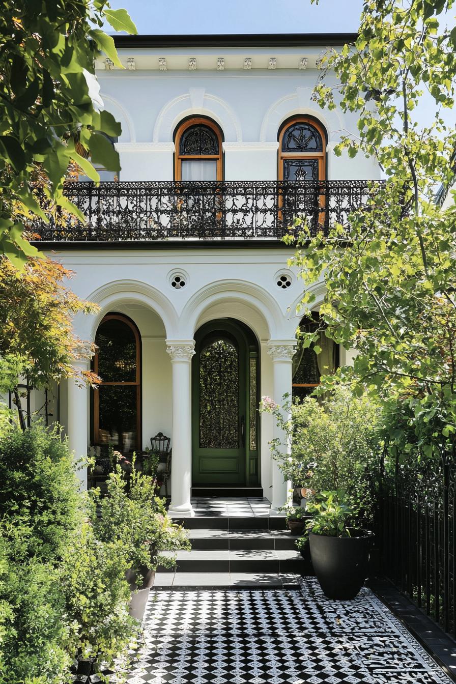 Victorian house with intricate balcony and lush garden