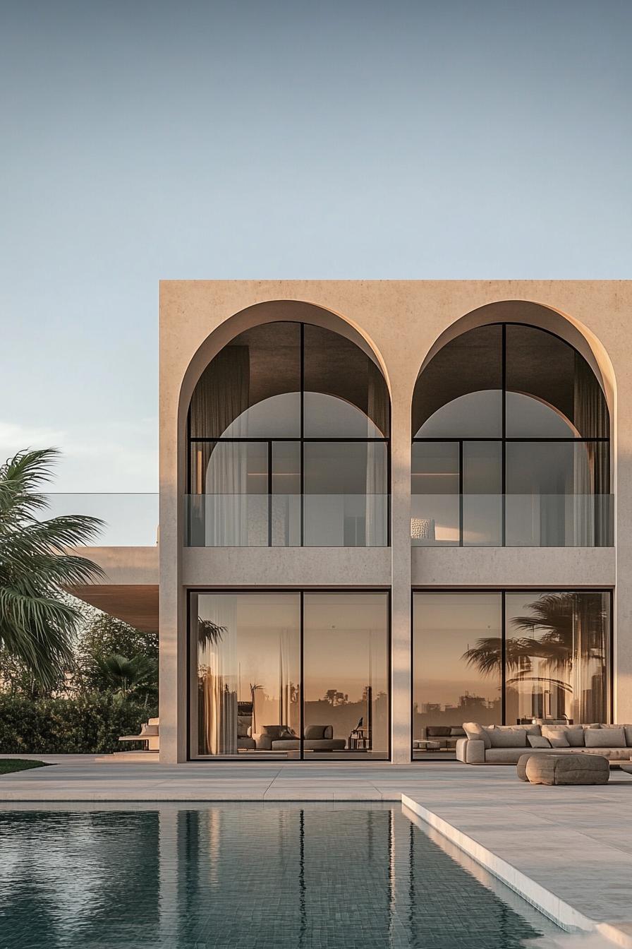 Modern villa with large arches and pool