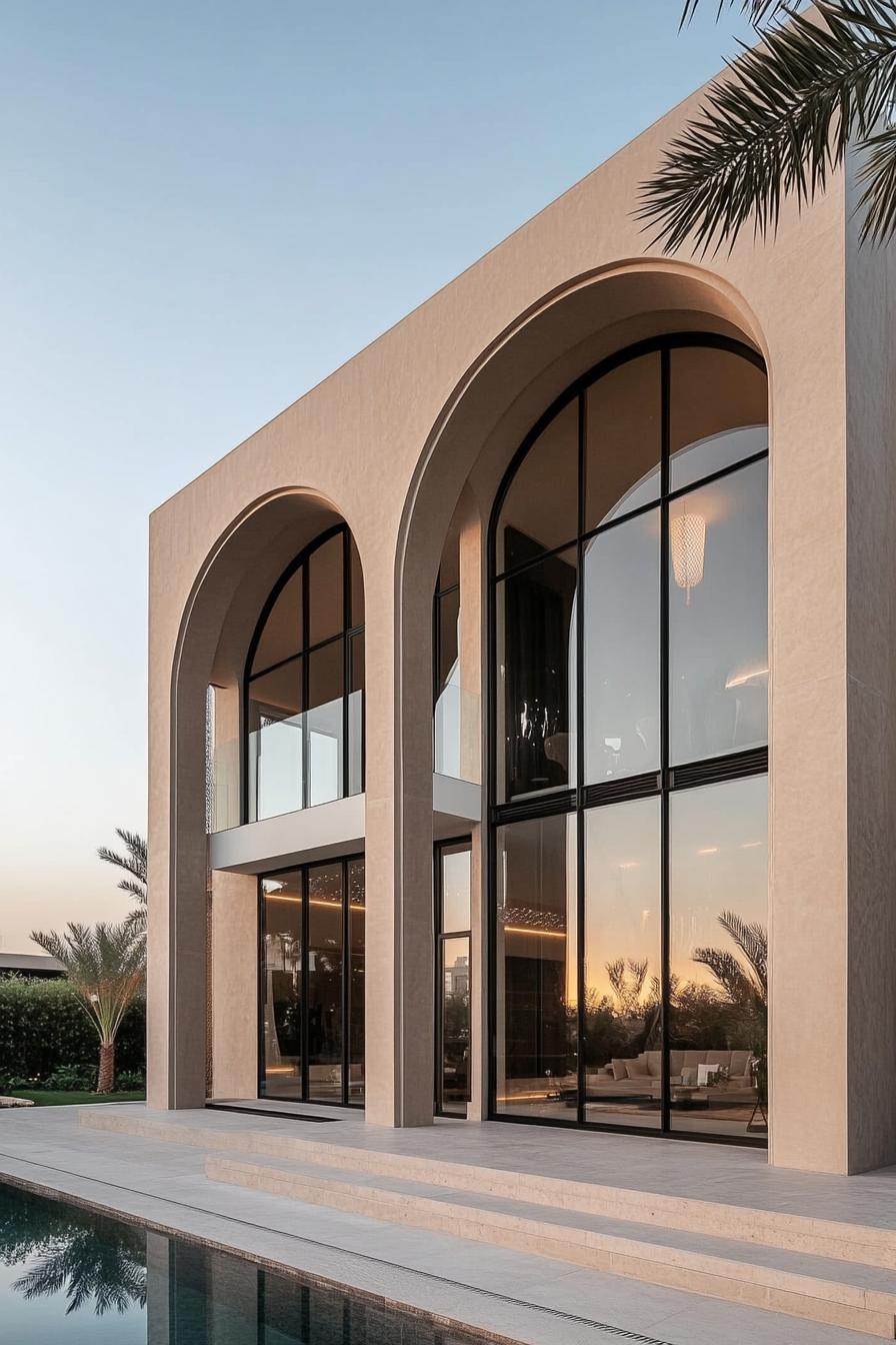 Modern house with large arched windows reflecting the sunset near a pool