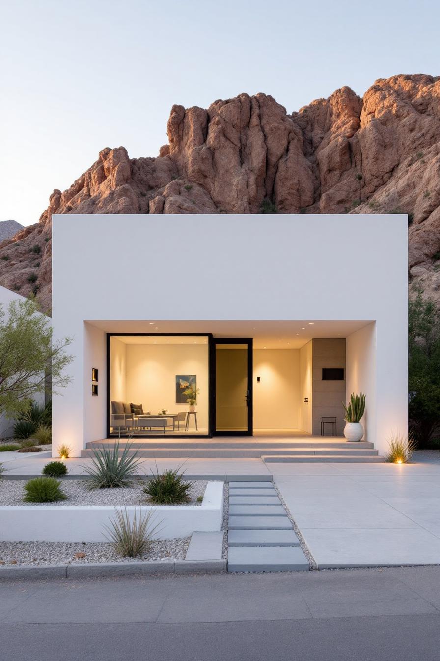 Modern desert house framed by rocks