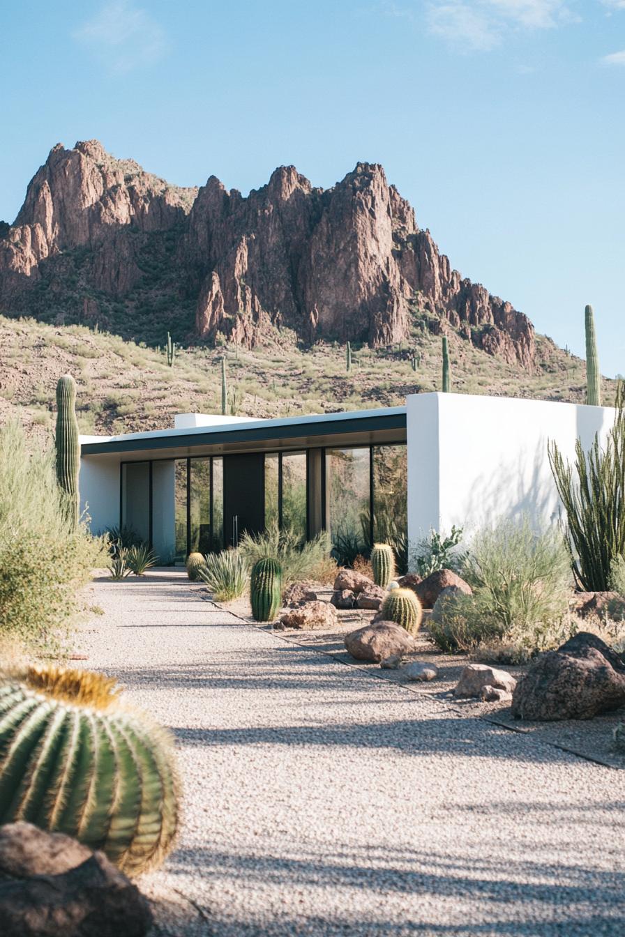 Modern home with desert landscaping and mountain backdrop