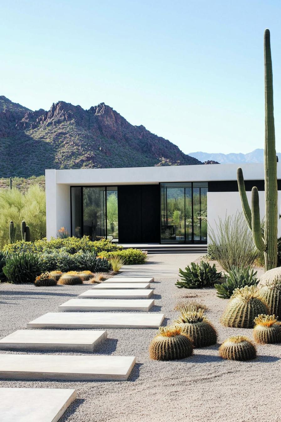 Modern desert home with cacti and mountains