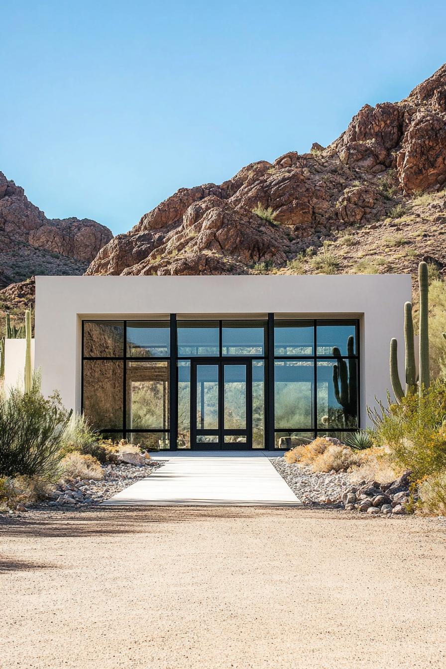 Modern white Arizona home with large glass windows and desert landscape