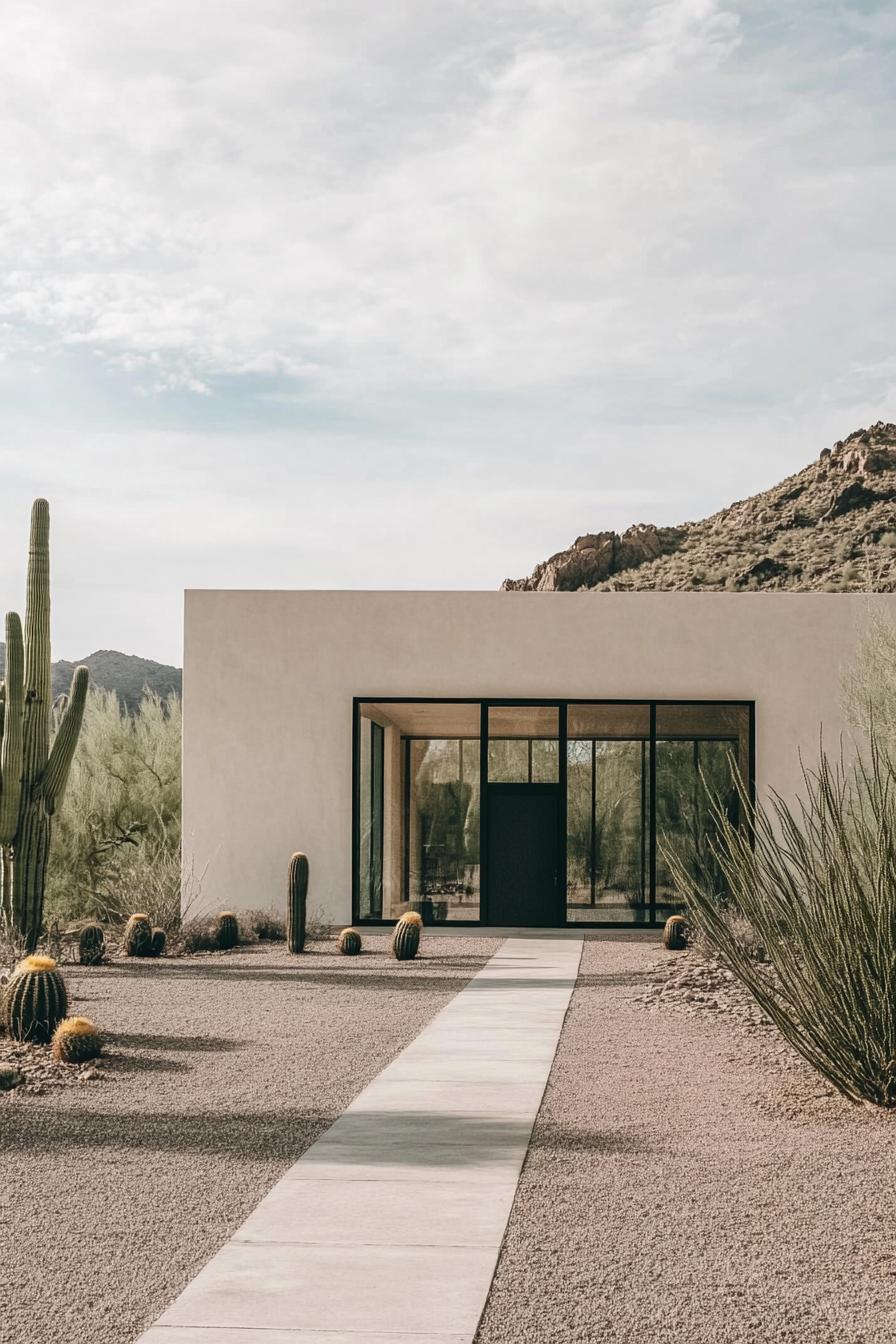 Modern desert home with glass facade, cacti, and mountains