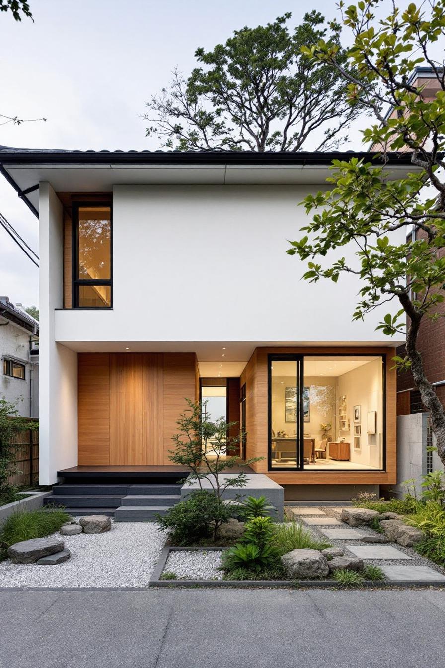 Modern minimalist house with greenery and sliding windows