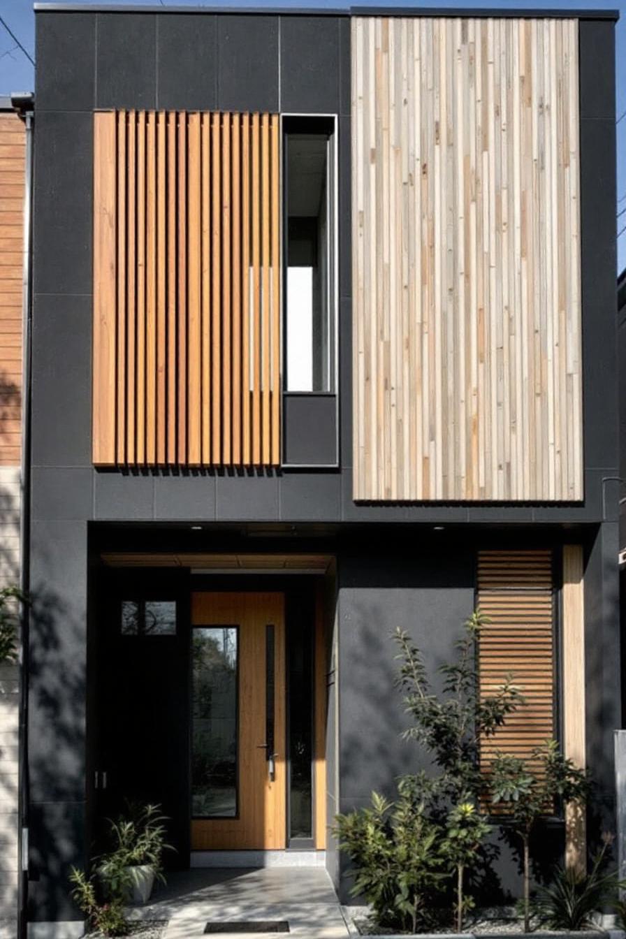 Modern building facade with wooden accents