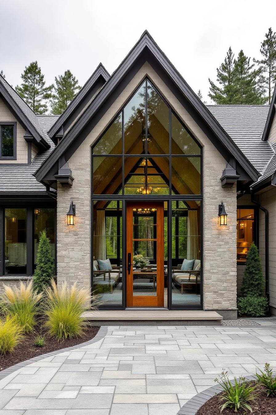 Elegant farmhouse entrance with large glass windows and stone facade