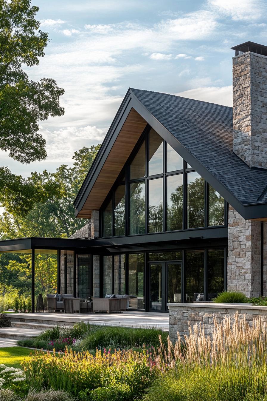 Modern farmhouse with large glass windows and rustic stone features