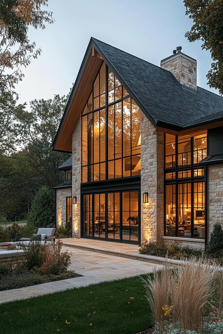 A luxurious farmhouse with grand windows and stone walls