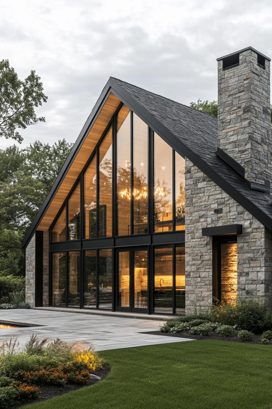 Modern farmhouse with tall glass windows and stone facade during twilight