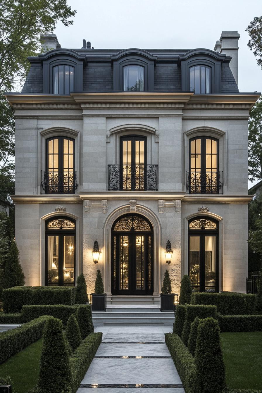 Elegant stone facade with a manicured garden path