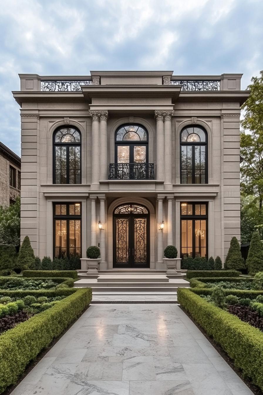 Front view of a modern neoclassical house with tall columns and trimmed hedges