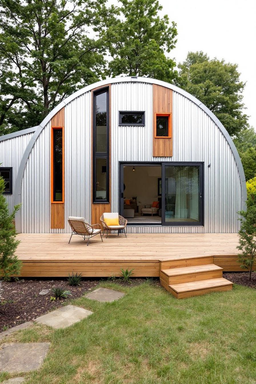 Quonset hut with a wooden deck and colorful windows