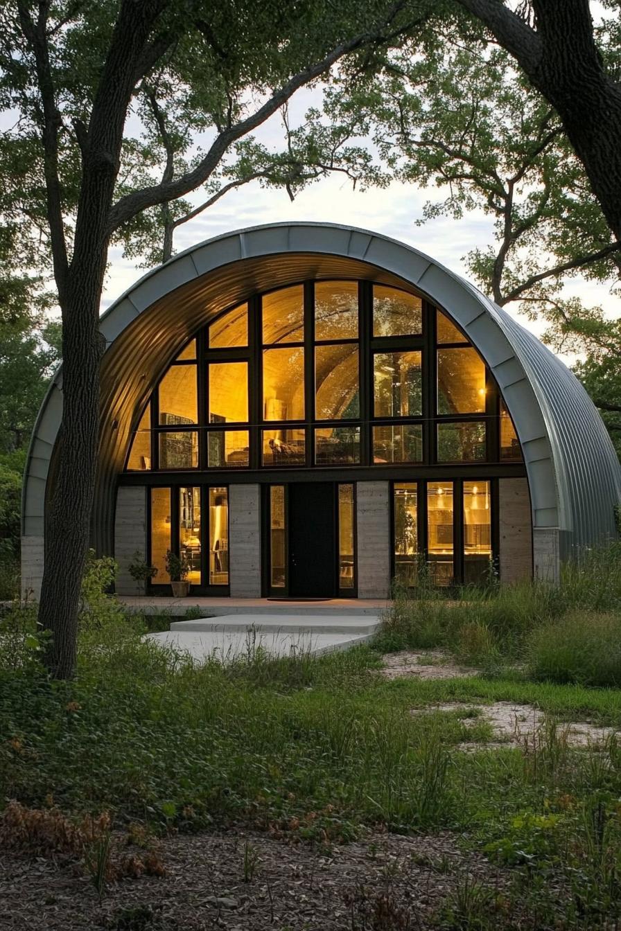 Steel-arched home in a wooded setting