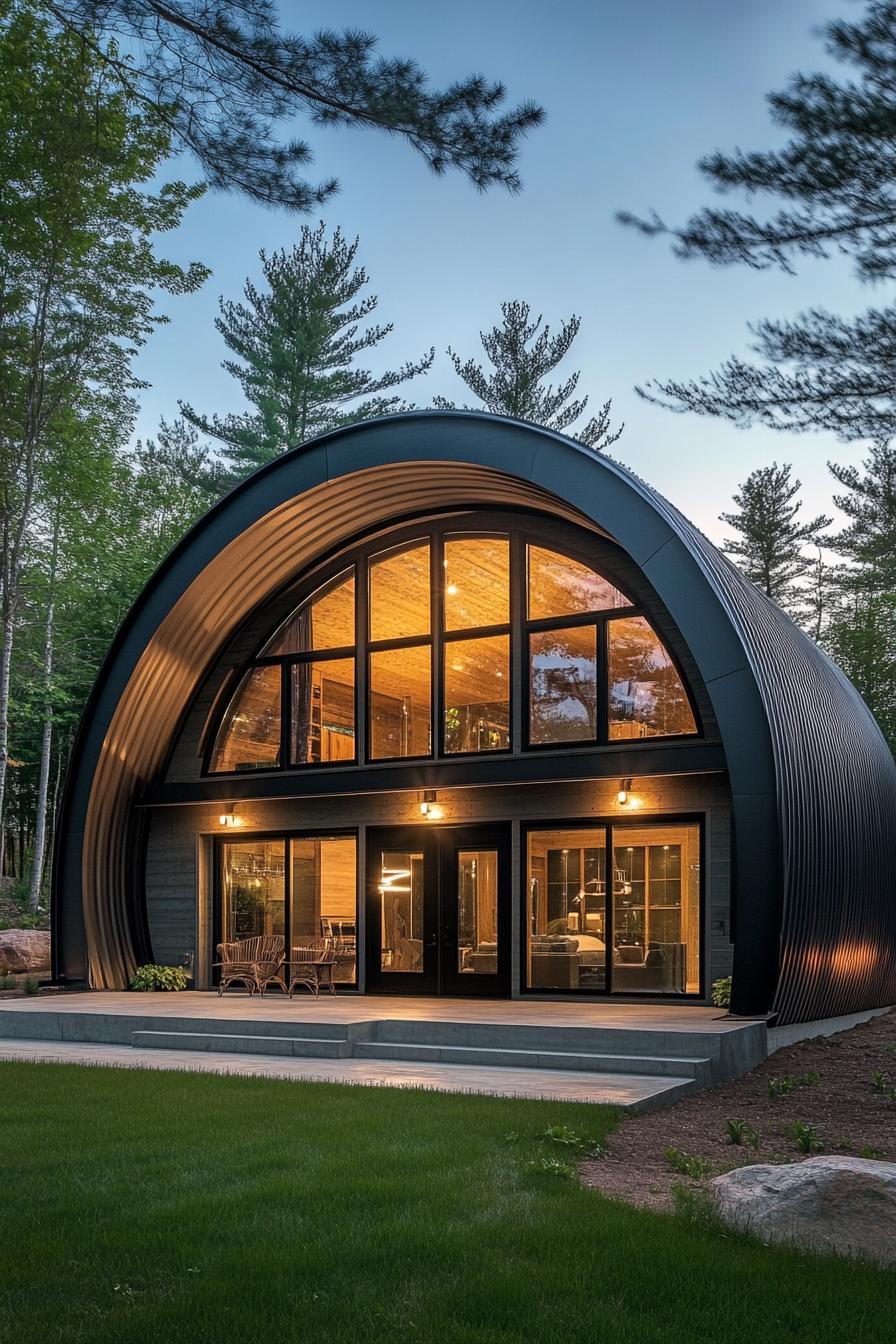 Quonset hut home with large windows and lush surroundings