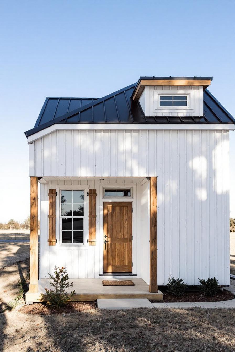 Small wooden cabin with a metal roof and a welcoming porch