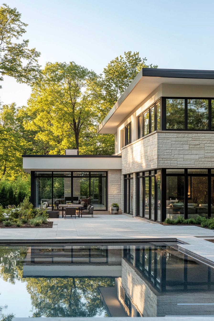 Contemporary house with a pool and lush greenery