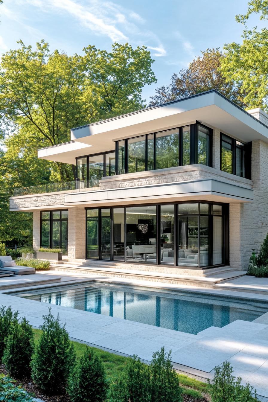 Modern home with large glass windows and a pool in front