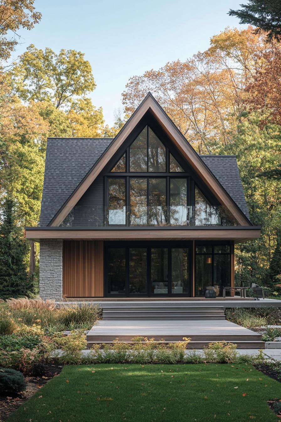 Modern craftsman house with an A-frame design surrounded by greenery