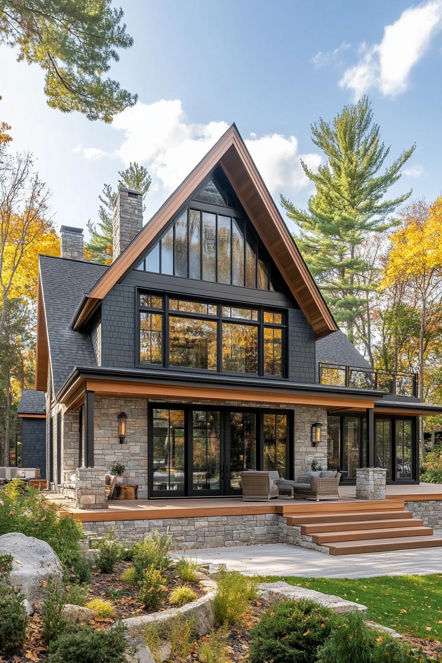 Contemporary craftsman house with tall A-frame and stone facade