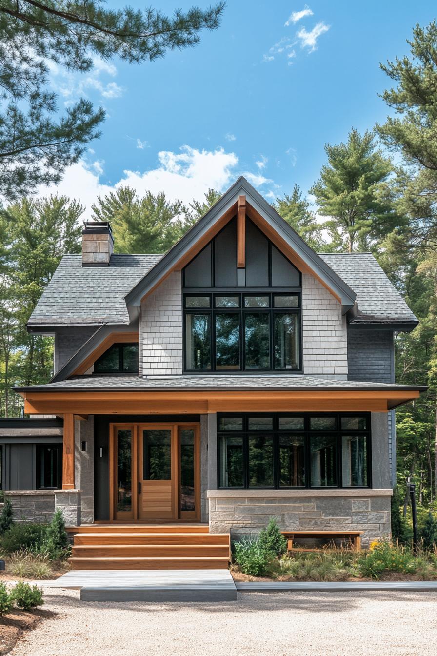 Modern craftsman house with big windows and a wooden porch