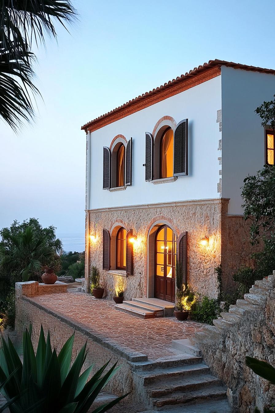 Charming stone house with arched windows and warm lighting