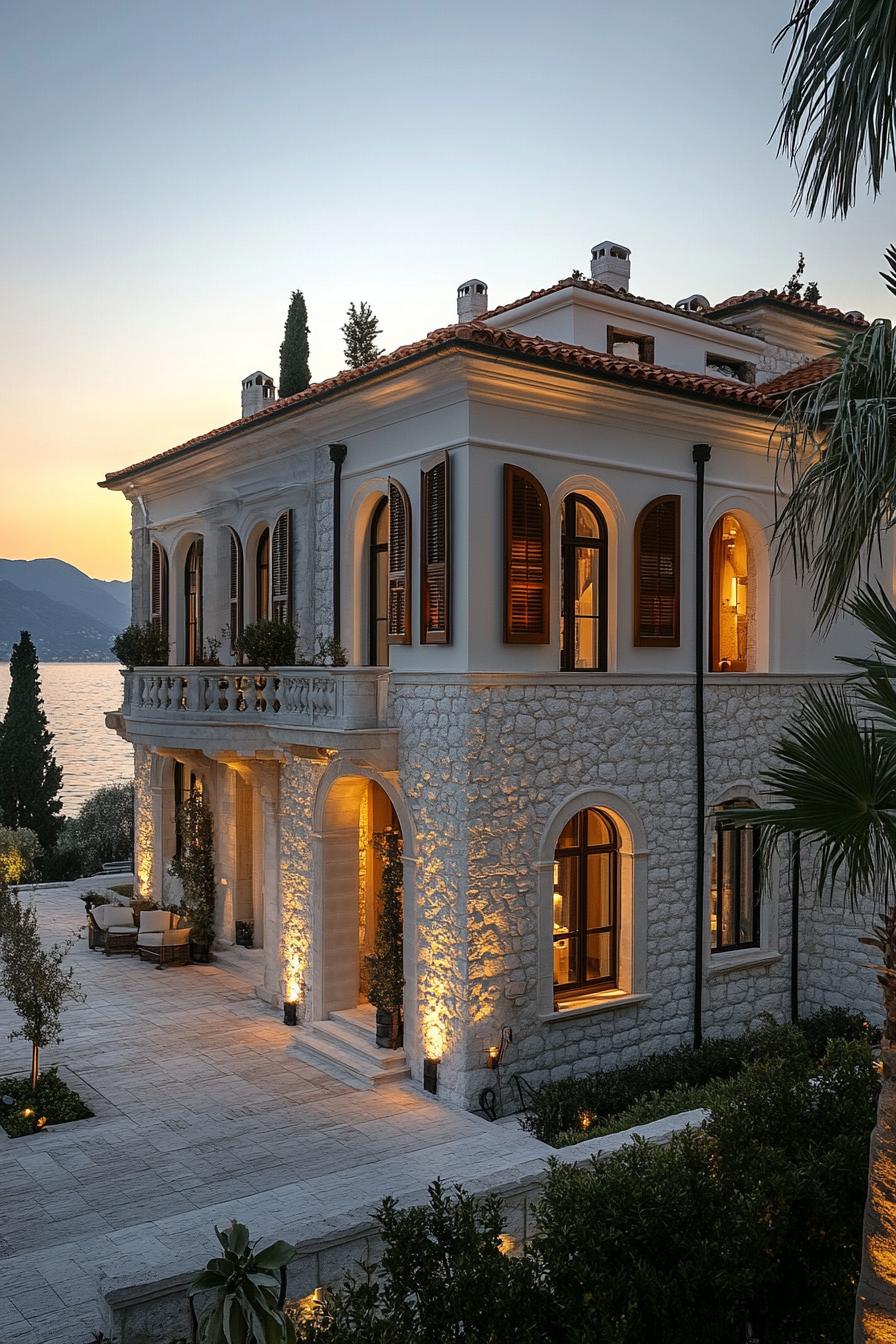 Charming stone house with arches at sunset