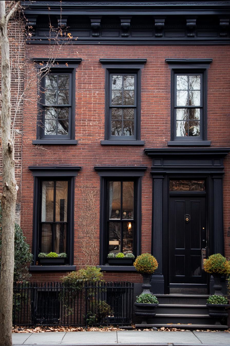 Brick townhouse with black trim and lush plants