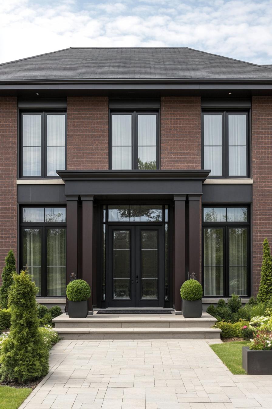 Elegant entrance of a modern brick townhouse with black framed windows