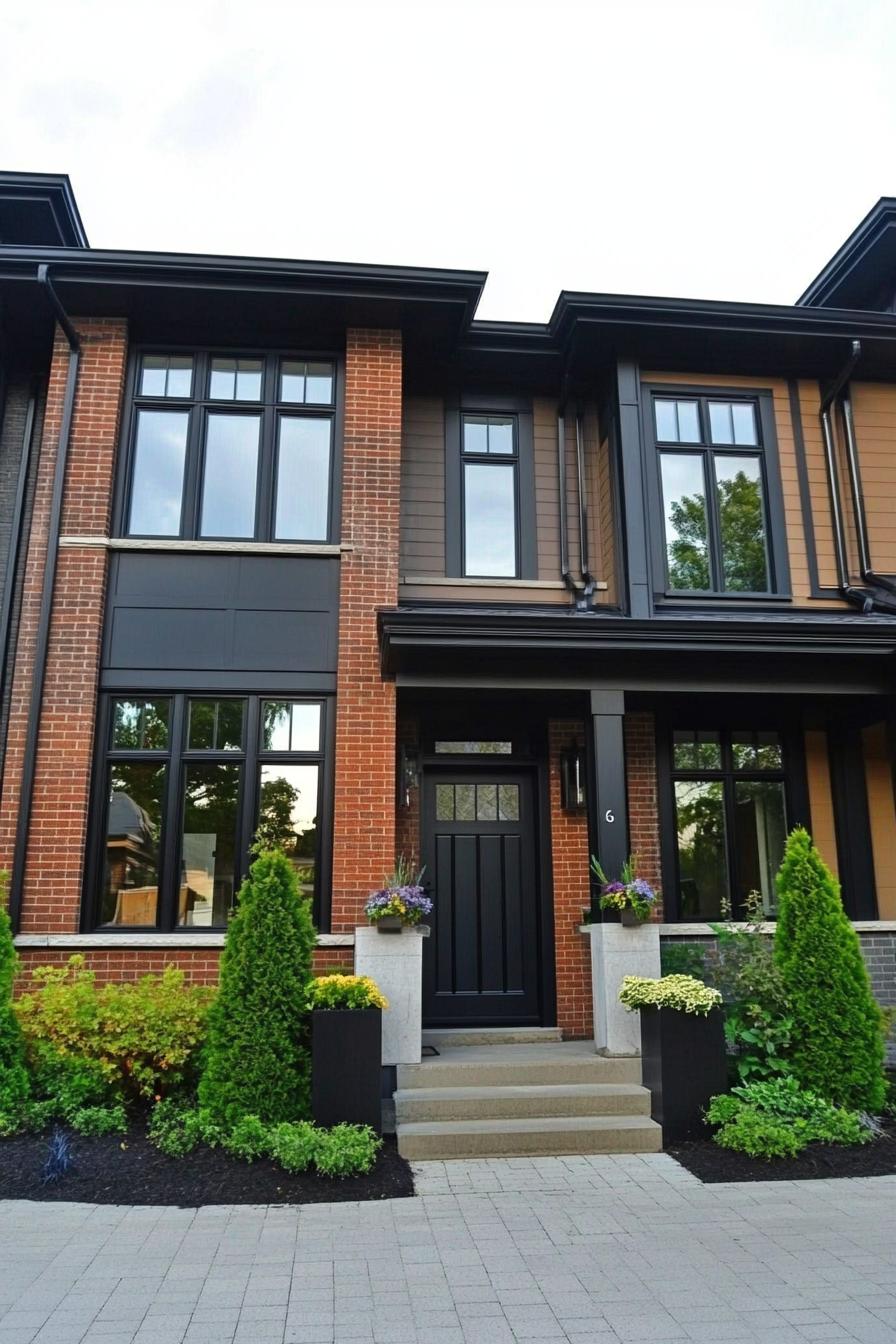 Red brick townhouse with black accents