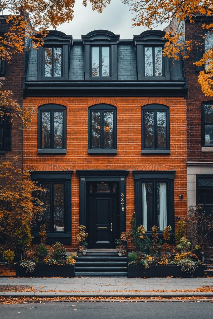 Charming townhouse with black accents and autumnal foliage