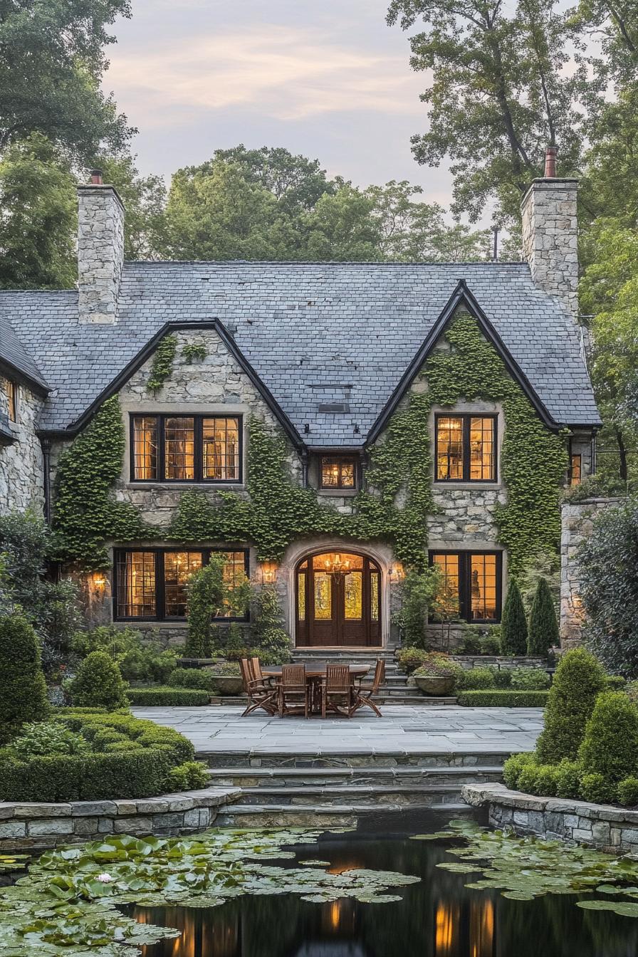 A stately stone manor with ivy-covered facade