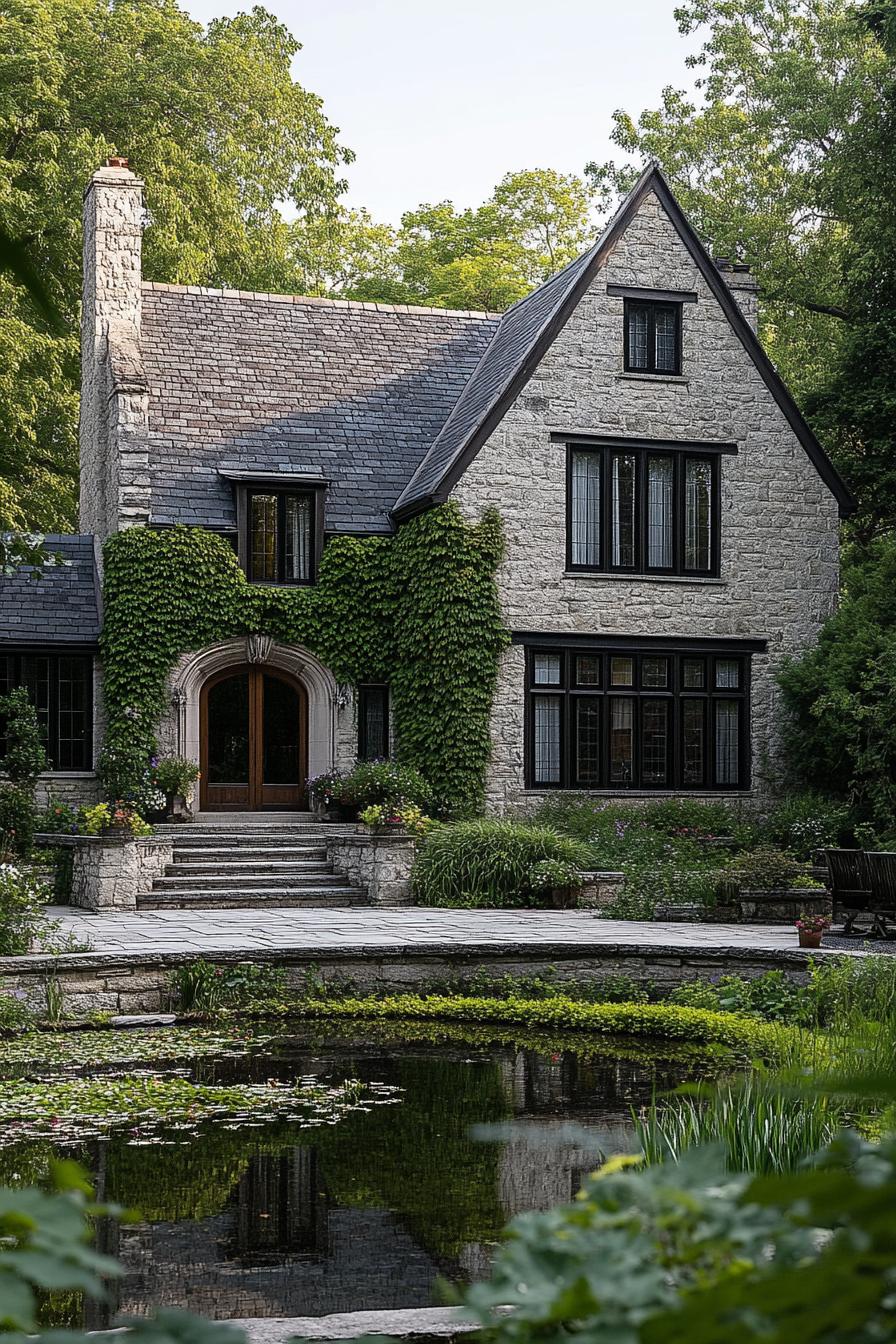 Charming stone house with ivy-covered entrance