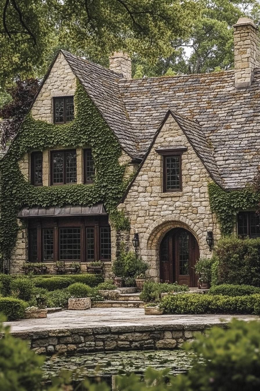 Stone house with ivy and lush garden