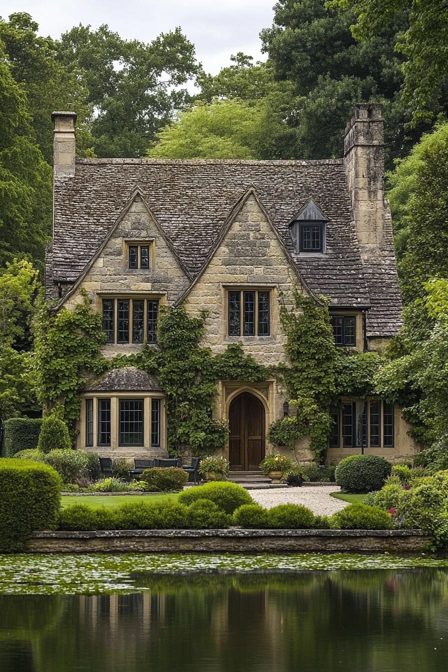 Stone manorhouse with ivy and trees