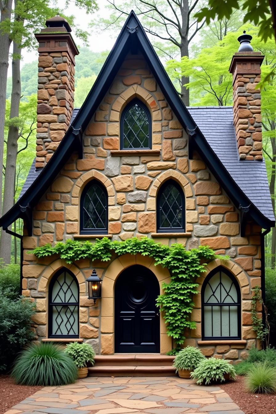 Cozy stone cottage with arched windows and ivy