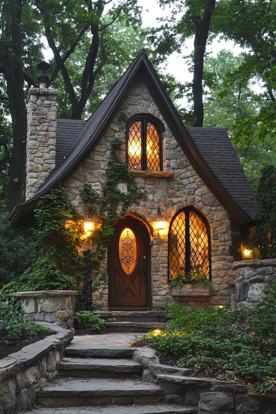 Quaint stone cottage with lights glowing warmly