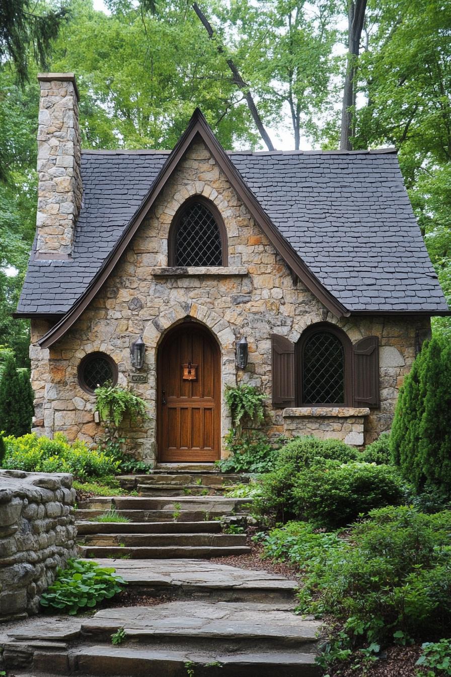 Charming stone cottage surrounded by lush greenery