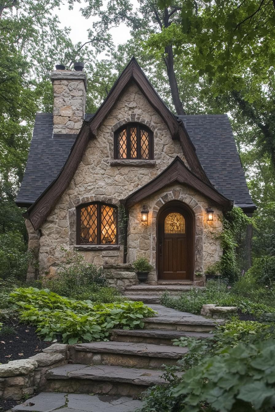 Quaint stone cottage nestled in lush greenery