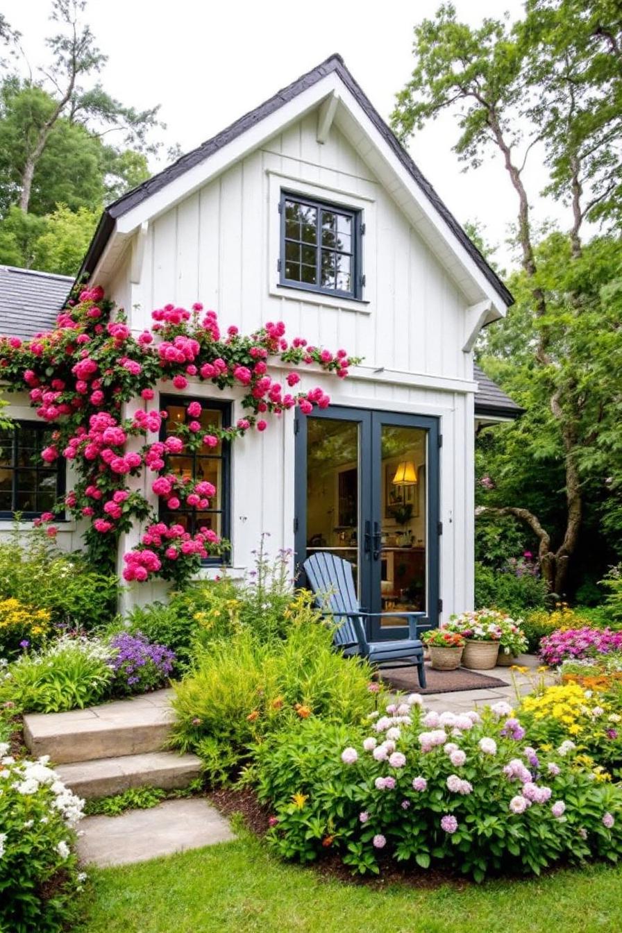 Charming white cottage adorned with vibrant pink roses