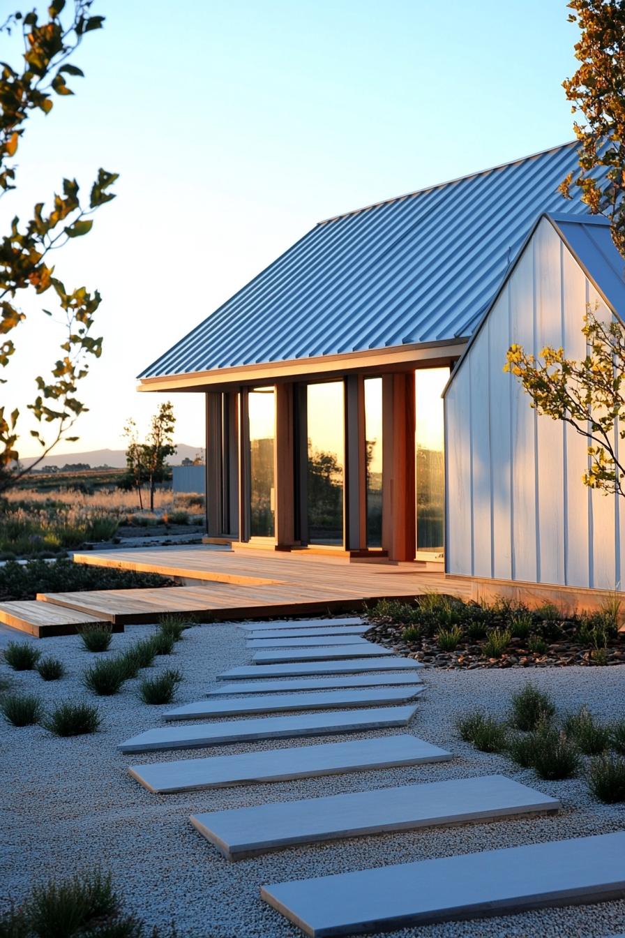 Ranch house with sunlit wooden deck and metal roof