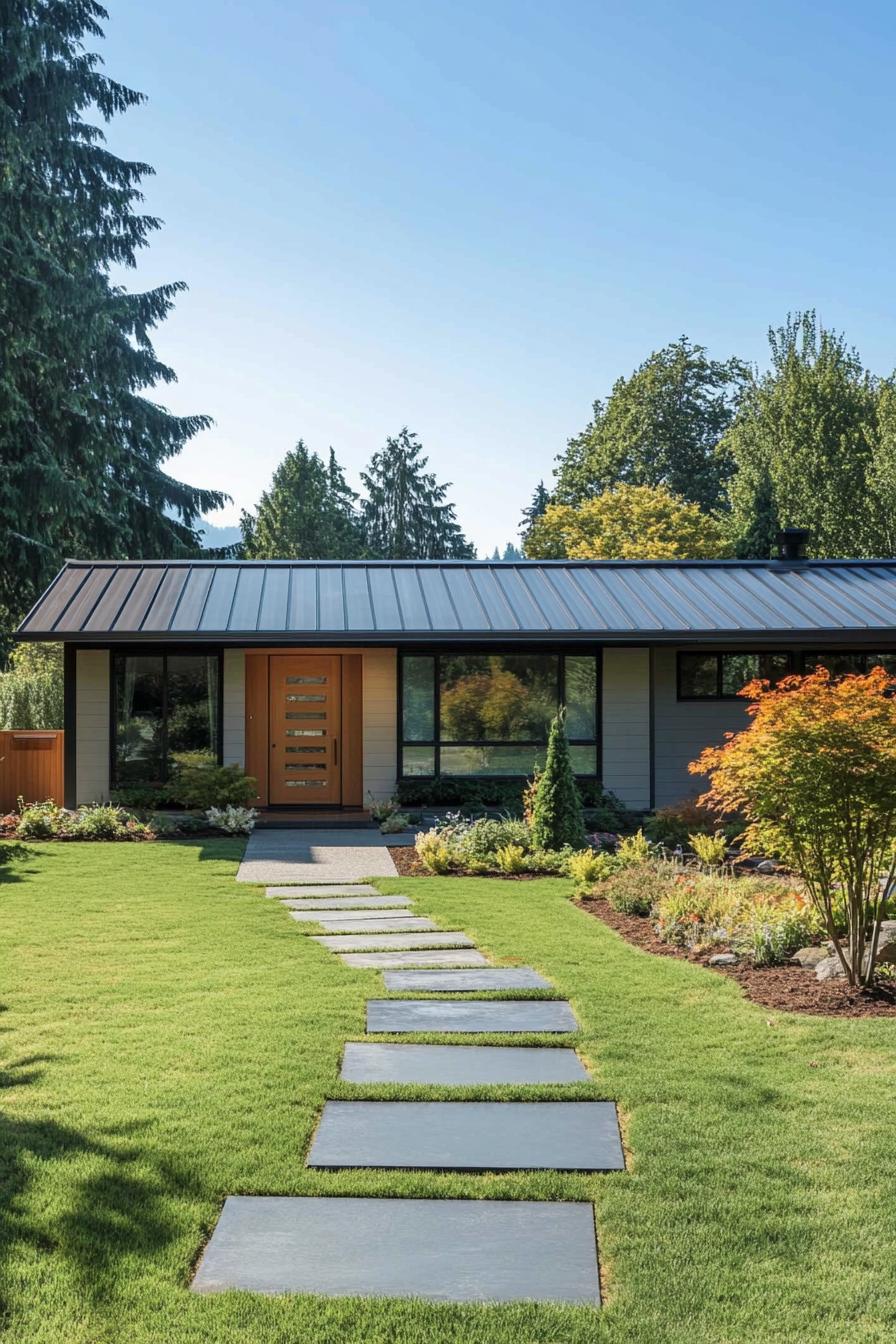 Ranch-style home with lush garden and stone path