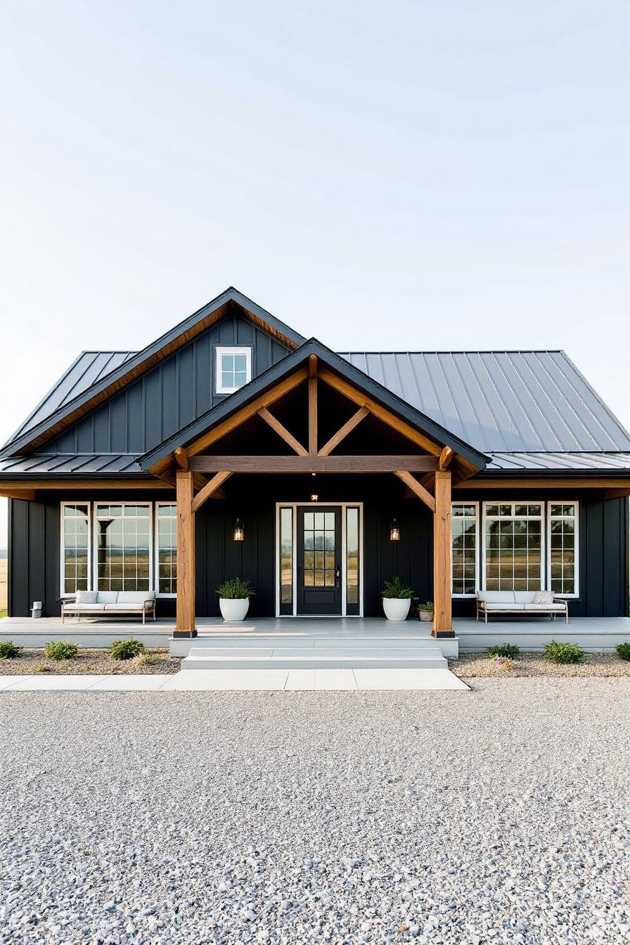 Modern ranch house with wooden beams and metal roof