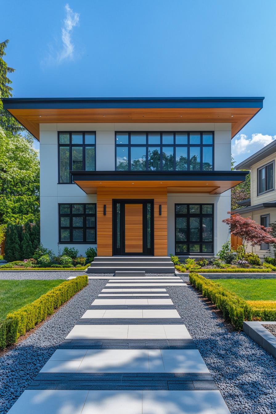 A sleek, modern house with a beautiful wooden facade amid lush greenery