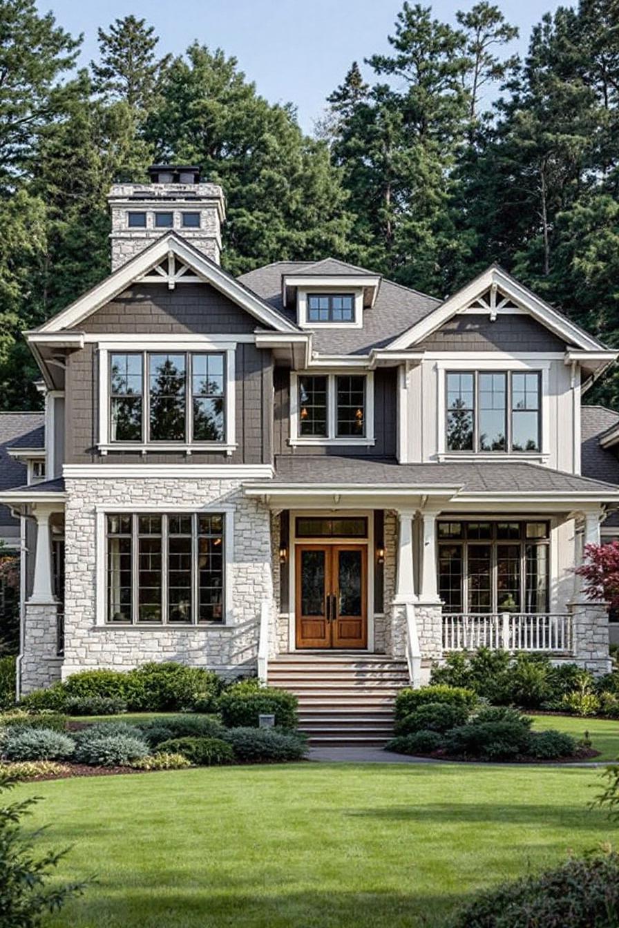 Front view of a modern craftsman house with a stone facade and gabled roof