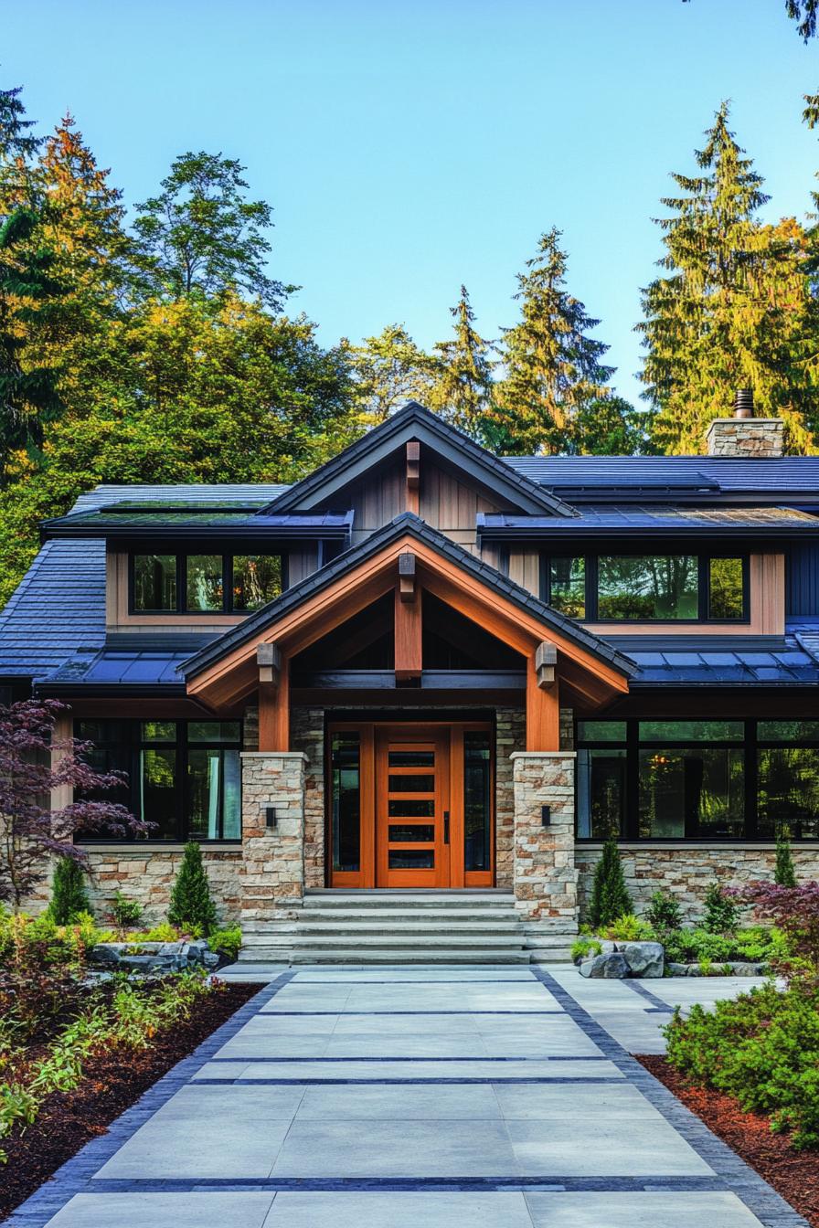 Modern craftsman house with a wooden entryway surrounded by lush greenery