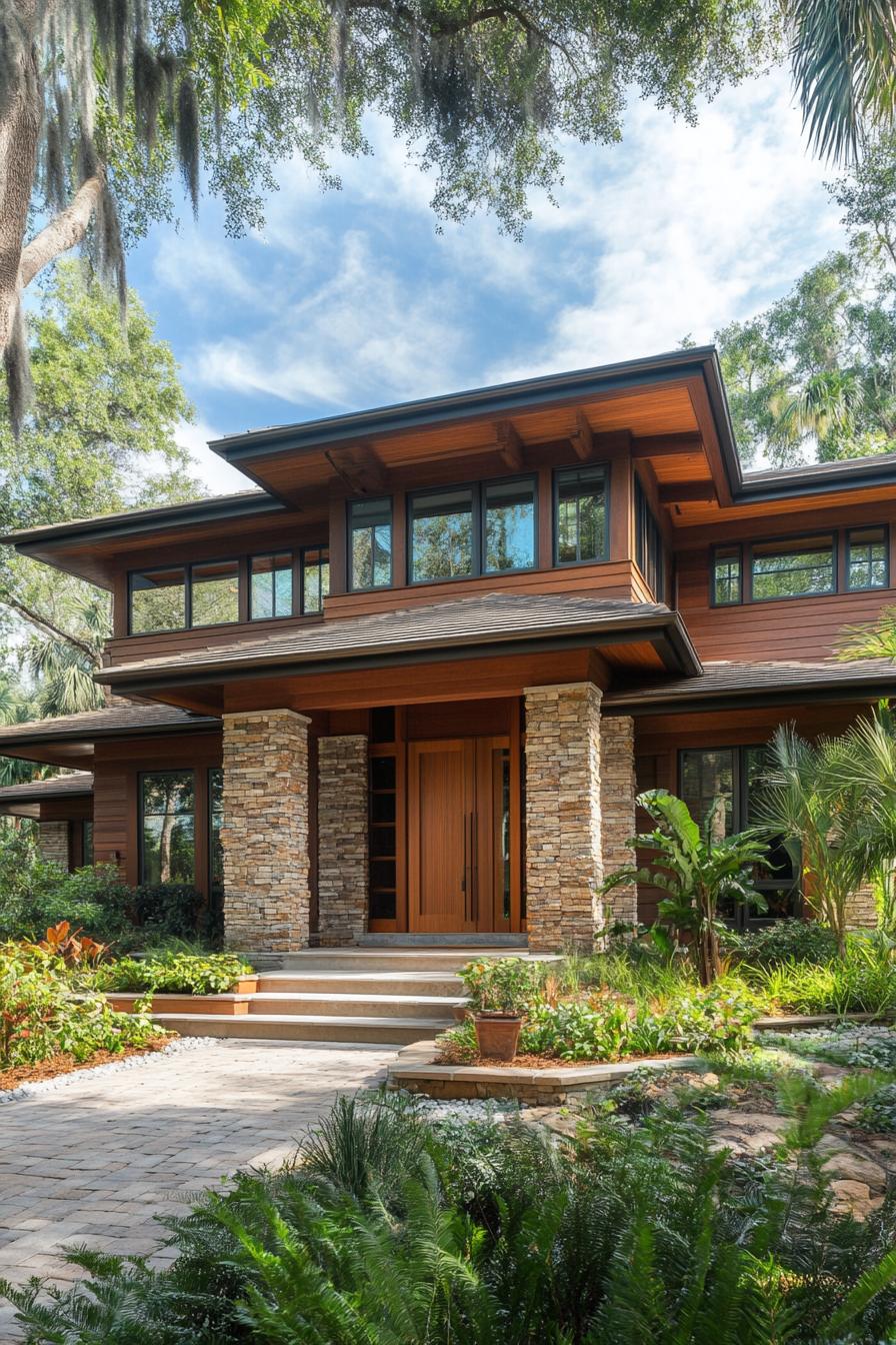 Stylish stone and wood modern craftsman house surrounded by lush greenery