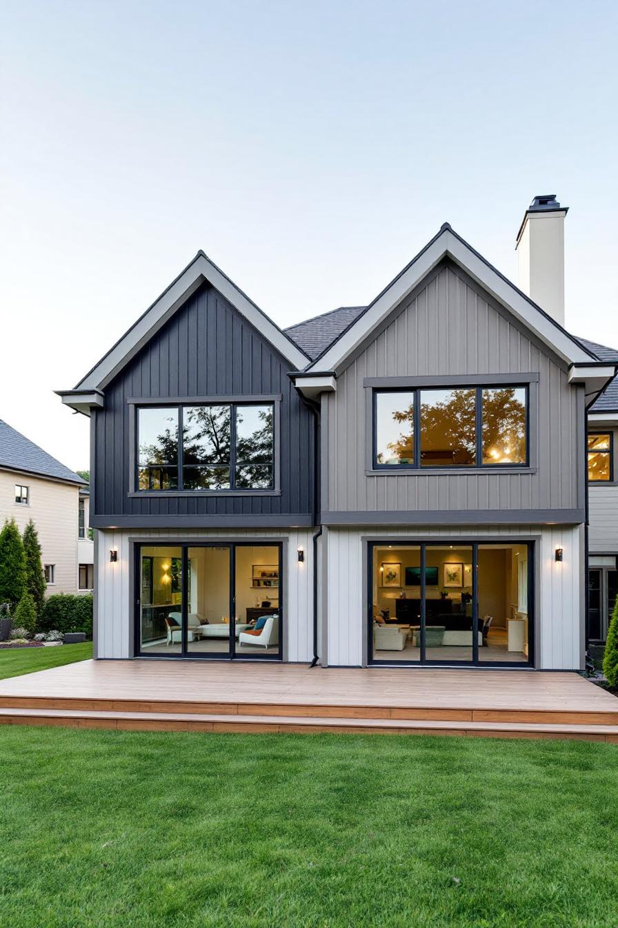 Modern duplex with twin gables and sliding doors