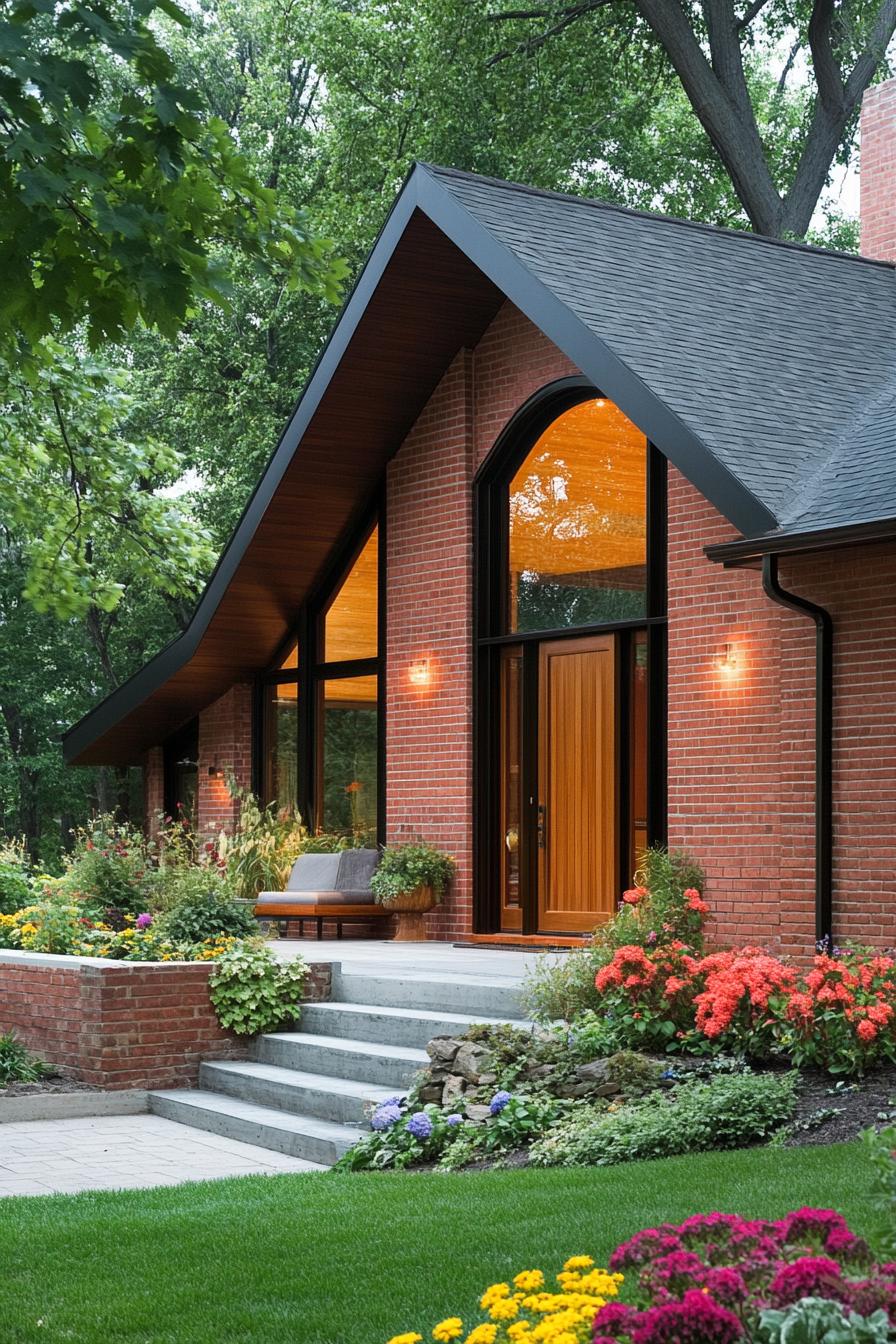 Red brick house with slanted roof and colorful garden